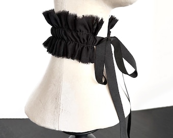 Black Ruffled Collar Choker with Ribbon Ties &  Beads, Handmade