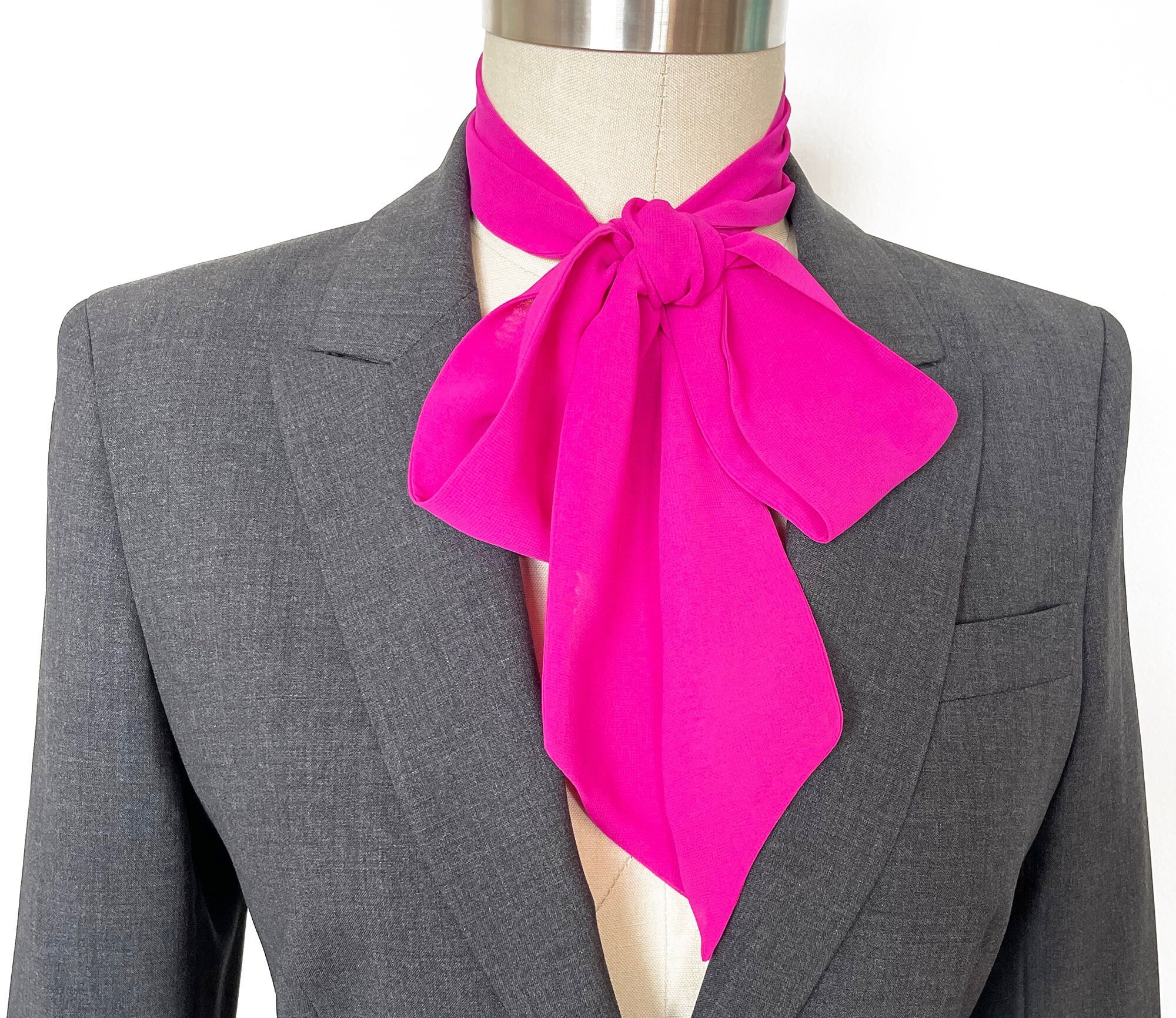 REUVENdesigns Hot Pink Fuchsia Chiffon Long Skinny Scarf, Neck Bow, Neck Tie and Hair Tie