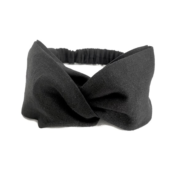Black Linen Twist Top Knot Turban Handmade Headband With Elastic
