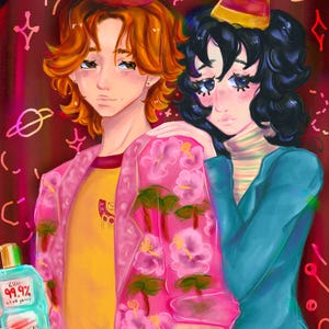 Peut inclure: Deux personnes portant des chapeaux de fête, l'une tenant une bouteille de bain de bouche sur laquelle est inscrit "Kill 99.9% ocean germs" et "Mouthbreath". La personne à gauche porte une chemise rose à fleurs et la personne à droite porte une chemise bleue à col rayé.