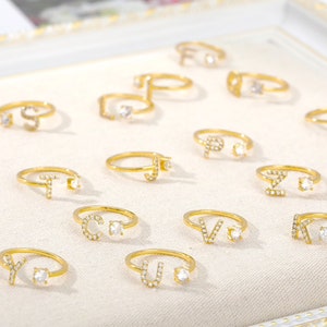 Adjustable Initial Letter A - Z Dainty Ring Gold Plated Diamond Cubic Zirconia Leaf Crystal Multicolor Gold Plated One Size