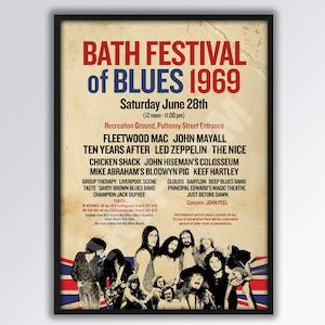 BATH FESTIVAL of Blues 1969 REIMAGINED A3 size poster. Fleetwood Mac. Festival Poster. Dad Gift idea.