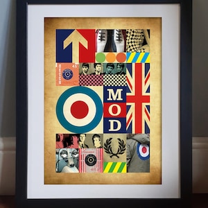 Puede incluir: Impresión enmarcada con temática Mod, con una Union Jack, un objetivo de tiro y la palabra "MOD". El collage incluye imágenes de zapatos, un scooter y miembros de bandas, todo sobre un fondo vintage.