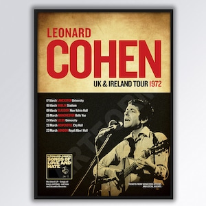 LEONARD COHEN REIMAGINED 1972 Tour Poster A3 size. Bob Dylan. Joni Mitchell. Gift idea.