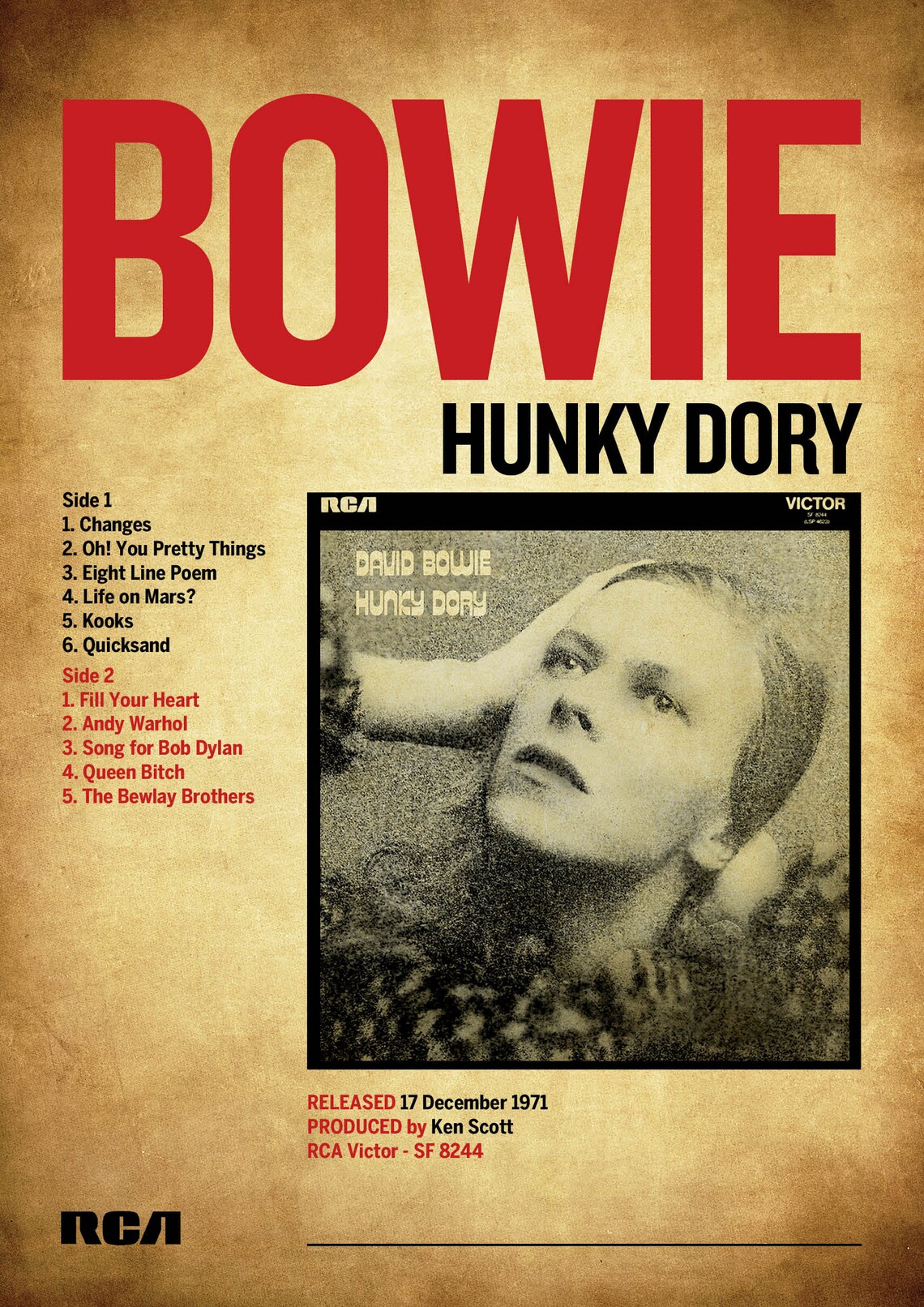 DAVID BOWIE Hunky Dory Album A3 Poster/print Etsy Canada