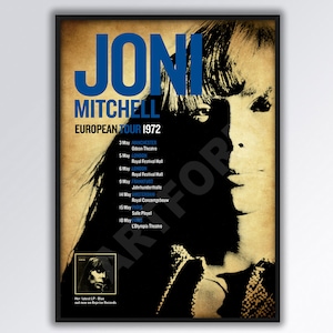 Könnte beinhalten: Ein Vintage-Konzertplakat für Joni Mitchells Europatournee 1972. Das Plakat zeigt ein Schwarzweißbild von Joni Mitchell vor blauem Hintergrund. Der Text auf dem Plakat enthält die Daten und Orte der Tournee.