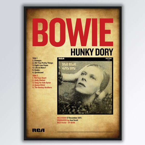 DAVID BOWIE Hunky Dory Album A3 Poster/Print