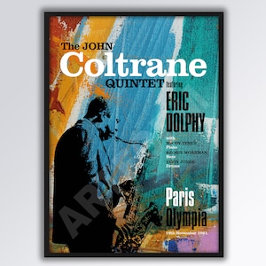 Póster reimaginado de JOHN COLTRANE en directo en el Olympia de París, tamaño A3. Póster de jazz. Blue Note. Jazz de los años 50. Jazz de los años 60. París. Arte abstracto.