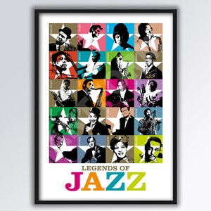LEGENDS OF JAZZ A3 size print. John Coltrane. Miles Davis. Charlie Parker. Chet Baker. Jazz Poster.