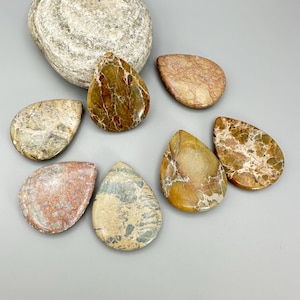 May include: A collection of teardrop-shaped stones in various colors, including brown, beige, and red, with unique patterns. A large, round, gray stone is in the background. The stones are arranged on a gray surface.