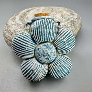 Peruvian Raku Ceramic Flower Bottle Bead - Blue & White with Double Handles
