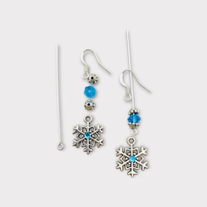 DIY Earring Kit Winter Blue Silver Snowflakes Faceted Beads Silver Plate Findings