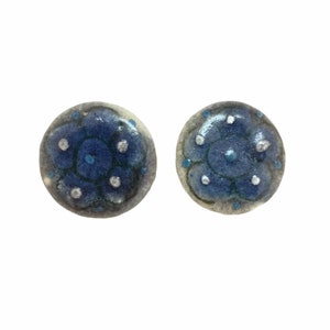 Vintage 1960s Hand Painted Tonala Pottery Cabochons 20mm Noir Dark Blue & White Flower Ken Edwards Mexico Lot of 2