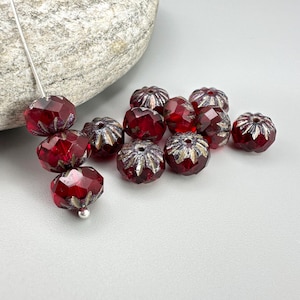 6x9mm Ruby Red Etched Silver Czech Glass Cruller Beads - Lot of 12