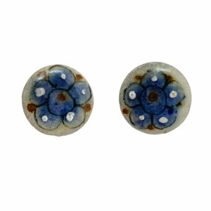 Vintage 1960s Hand Painted Tonala Pottery Cabochons 20mm Noir Dark Blue, White & Brown Flower Ken Edwards Mexico Lot of 2