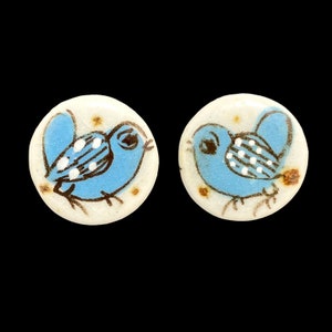 Vintage 1960s Hand Painted Tonala Pottery Cabochons 20mm Blue Bird Ken Edwards Mexico Lot of 2