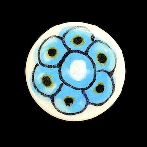 Vintage 1960s Hand Painted Tonala Pottery Cabochon 30mm Blue Flower Signed Ken Edwards Mexico Each