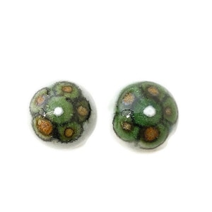 Vintage 1960s Hand Painted Tonala Pottery Cabochons 13.5mm Green Brown Flower Round Dome Ken Edwards Mexico Lot of 2