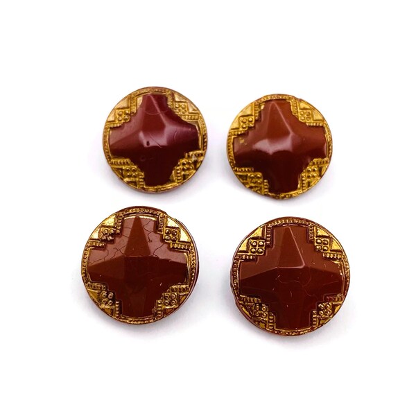 Vintage 1930s Art Deco Glass Buttons 14mm Integrated Shank Round Rust Brown Gold Lot of 4