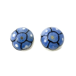 Vintage 1960s Hand Painted Tonala Pottery Cabochons 18mm Blue Daisy Flower Round Dome Ken Edwards Mexico Lot of 2