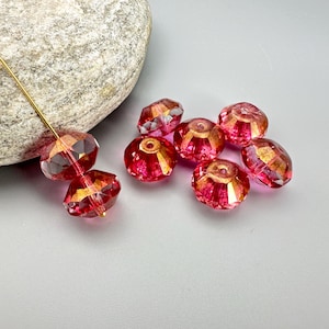 9x13mm Transparent Ruby Pink Gold Wash Czech Glass Saucer Beads - Lot of 8