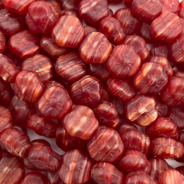 Beads 9mm Czech Glass Red Swirl Stripe Pansy Flower Vintage Beading Supply Lot of 25 / 50 / 100