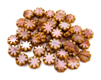 Beads  9mm Cactus Flower Premium Czech Glass  Salmon Pink Picasso Finish  Lot of 12