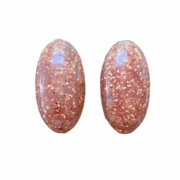 Cabochons 32x17mm Oval Confetti Lucite West German  Light Copper Sunstone  Vintage 1950s Supply  Lot of 2