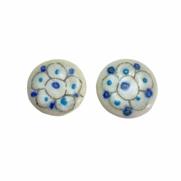 Vintage 1960s Hand Painted Tonala Pottery Cabochons 20mm White & Blue Flower Ken Edwards Mexico Lot of 2