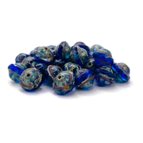 Beads  10x8mm Faceted Saturn Premium Czech Glass Sapphire Blue Picasso Lot of 10