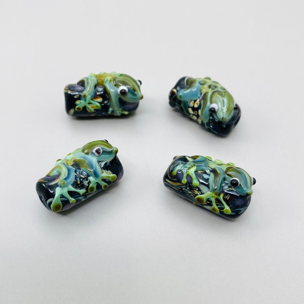 Lampwork Glass Beads Tree Frog 3D Tube Bead Figures Lot of 4