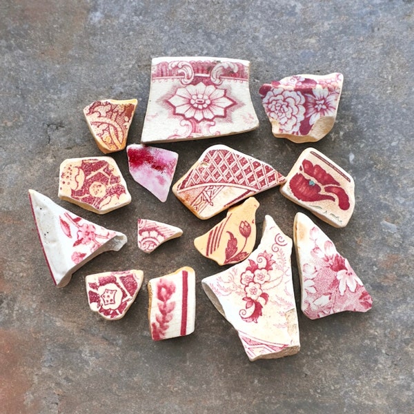 River Beach Pottery Shards Pink Red Floral Naturally Tumbled Vintage Mixed Lot