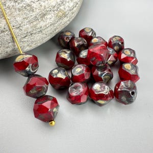8mm Ruby Red Czech Glass Baroque Beads, Picasso Finish - Lot of 20