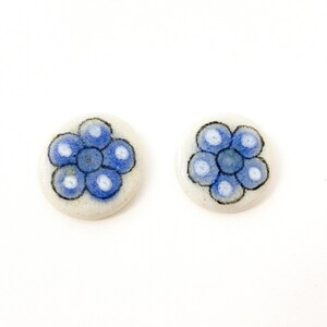 Vintage Hand-Painted Tonala Pottery Cabochons: Blue Flower, Ken Edwards Mexico (Lot of 2)