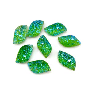 Vintage Textured Curved Navettes Cabochons  14mm AB Peridot Green Silver Foil Faceted Back  Rare West German  Lot of 8
