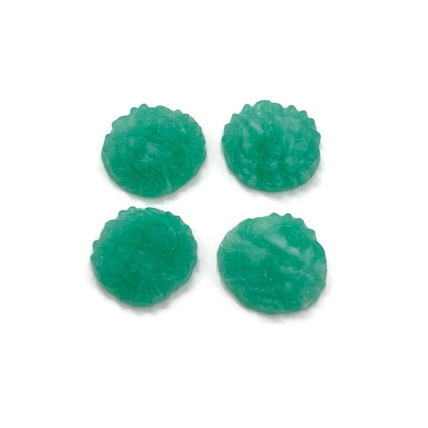 Cabochons  11mm Round Floral Jade Green Glass  Vintage 1950s Cherry Brand Japan  Lot of 4