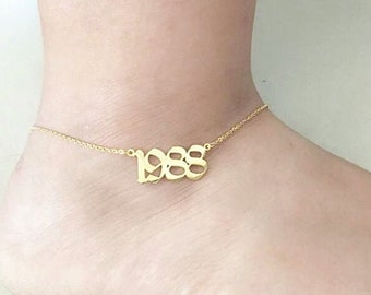 Old English Year Anklet • Custom Name Anklet • Letters Anklet • Gift For Her • Minimalist Anklet • Personalized Anklet • Custom Anklet.