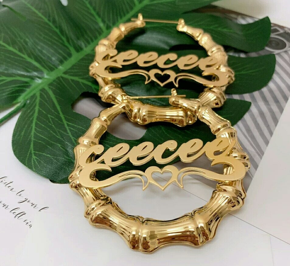 Customized Gift Bamboo Name Earrings Custom Name Earrings Etsy