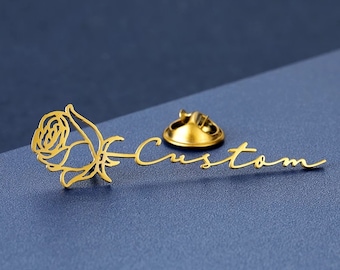 Birth Flower Name Brooch • Custom Name Brooch • Gift for her • Minimalist Name Brooch • Badges with Safety pin Brooch • Personalized Brooch.