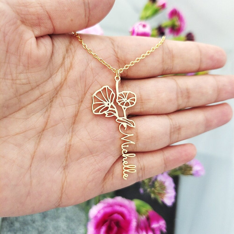 Birth Flower Name Necklace • Custom Name Necklace • Name Necklace ...