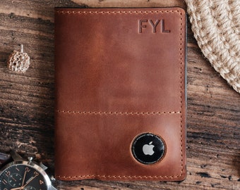 Personalized Cognac Leather Passport Cover with AirTag Pocket - Customizable Gift for Father's Day, Mother's Day - Fast Shipping 3-5 days!