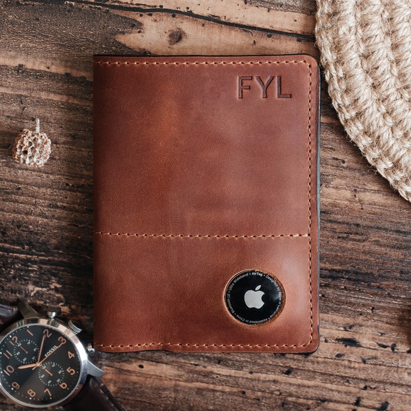 Personalized Cognac Leather Passport Cover with AirTag Pocket - Customizable Gift for Father's Day, Mother's Day - Fast Shipping 3-5 days!