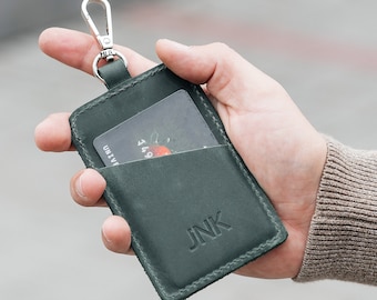 Personalized Leather ID Card Holder with Key Carabiner - Sleek Minimalist Design for ID and Business Card - Genuine Leather Badge Wallet