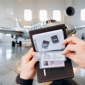 May include: A brown leather wallet with clear plastic sleeves holding two black SD cards and a driver's license. The wallet is open, revealing its contents. A private jet is visible in the background.