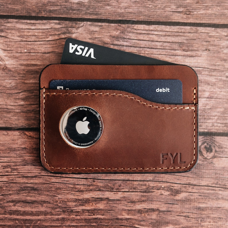 Custom Cognac Leather Apple AirTag Wallet Minimalist Men's ID Cardholder Personalized Father's Day Gift Fast 3-5 Day Delivery image 3