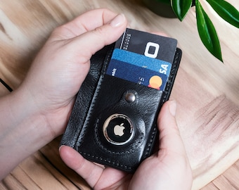 Portefeuille mince en cuir personnalisé avec support pour AirTag | Porte-cartes de crédit minimaliste avec fente pour AirTag | Portefeuille gravé avec poche avant pour homme