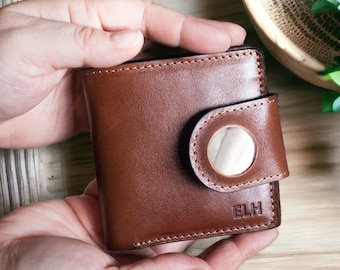 Joli portefeuille en cuir fait main avec support Apple AirTag - Mini portefeuille personnalisé à deux volets pour espèces, pièces de monnaie et cartes - Cadeau élégant et pratique
