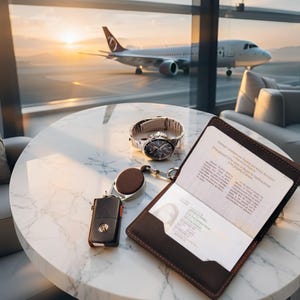 May include: A luxury travel set featuring a wristwatch, car keys, a passport, and a key fob on a marble table. An airplane is visible through a window in the background. The passport is open, displaying its contents.