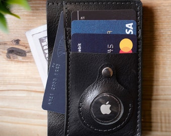 Handcrafted Leather Slim ID Wallet with Apple AirTag Holder - Minimalist Credit Cardholder, Personalized Mini Wallet - 3rd Anniversary Gift