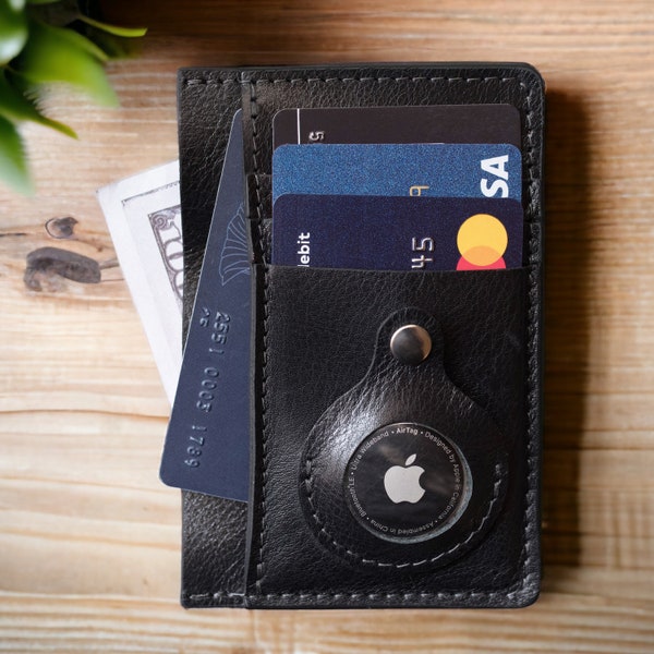 Handcrafted Leather Slim ID Wallet with Apple AirTag Holder - Minimalist Credit Cardholder, Personalized Mini Wallet - 3rd Anniversary Gift